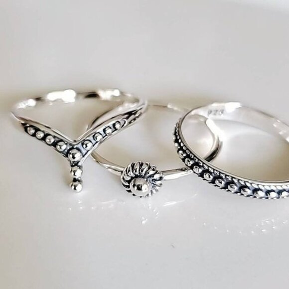 Sterling Silver 3 Ring Set, Beaded Chevron, Band, Flower 925 Women Ring, - Picture 6 of 10